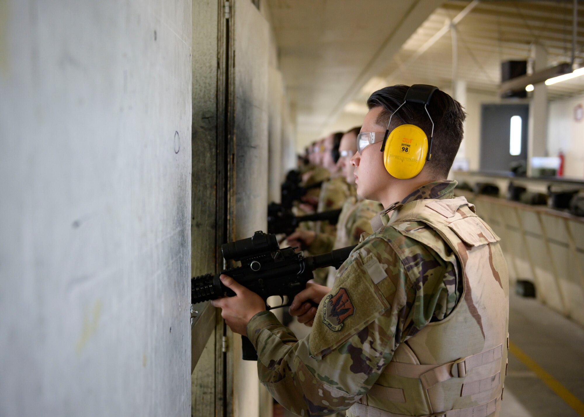 Airmen from Mountain Home Air Force Base go through Combat Arms Training, March 20, 2020, at Mountain Home Air Force Base, Idaho. This training is conducted to give Airmen the combat skills required to protect themselves and fellow Airmen downrange. (U.S. Air Force photo by Senior Airman Tyrell Hall)