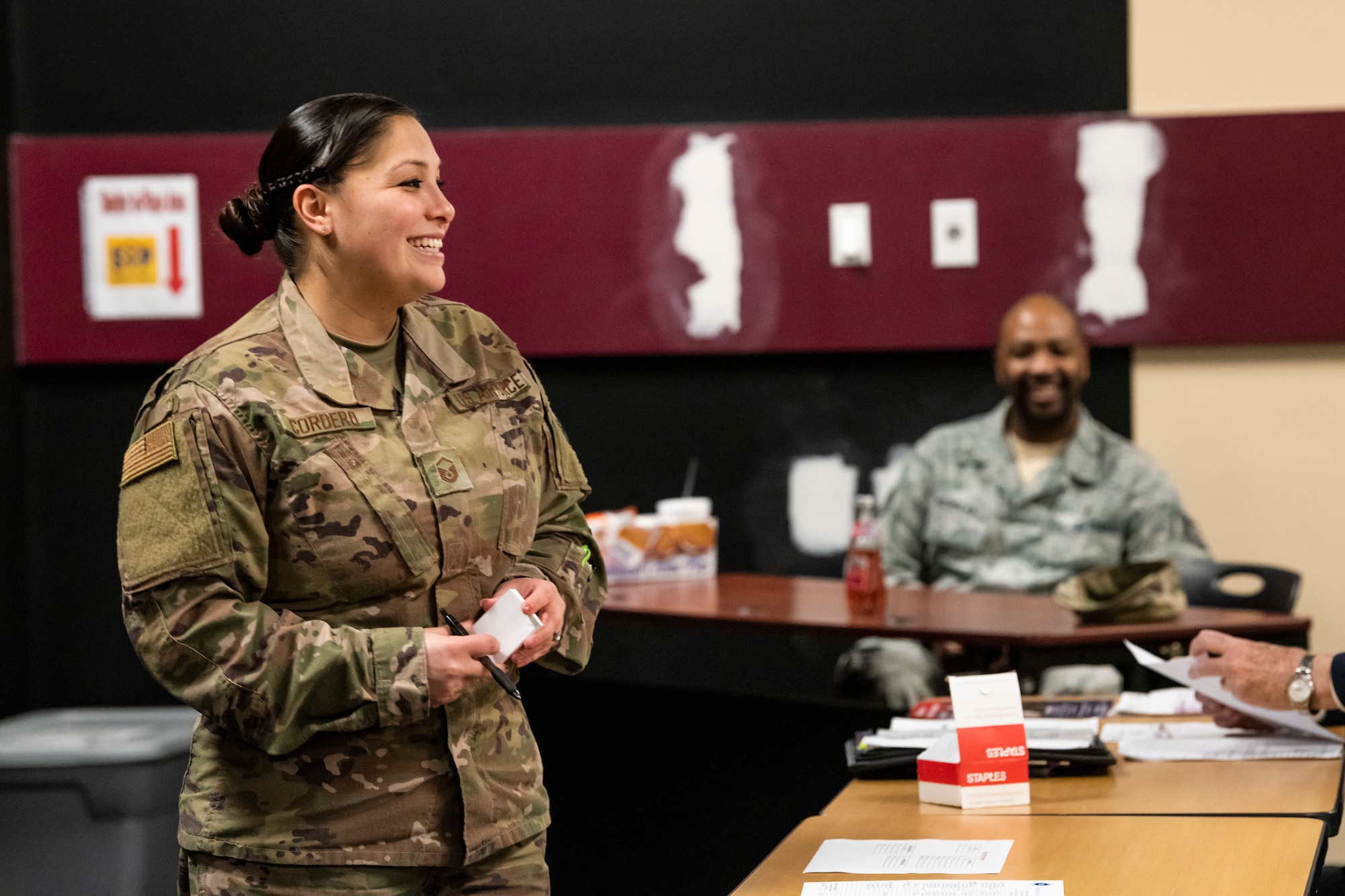 Master Sgt. Sedelia Cordero, 436th Comptroller Squadron flight chief of finance customer service and Air Force Sergeants Association Chapter 201 president, speaks during the AFSA Chapter 201 meeting on Dover Air Force Base, Delaware, March 12, 2020. The AFSA Chapter 201 meets at 3 p.m. every second Thursday of the month at the Eagle Lanes Bowling Center to discuss legislative bills and quality of life improvements. (U.S. Air Force photo by Senior Airman Christopher Quail)