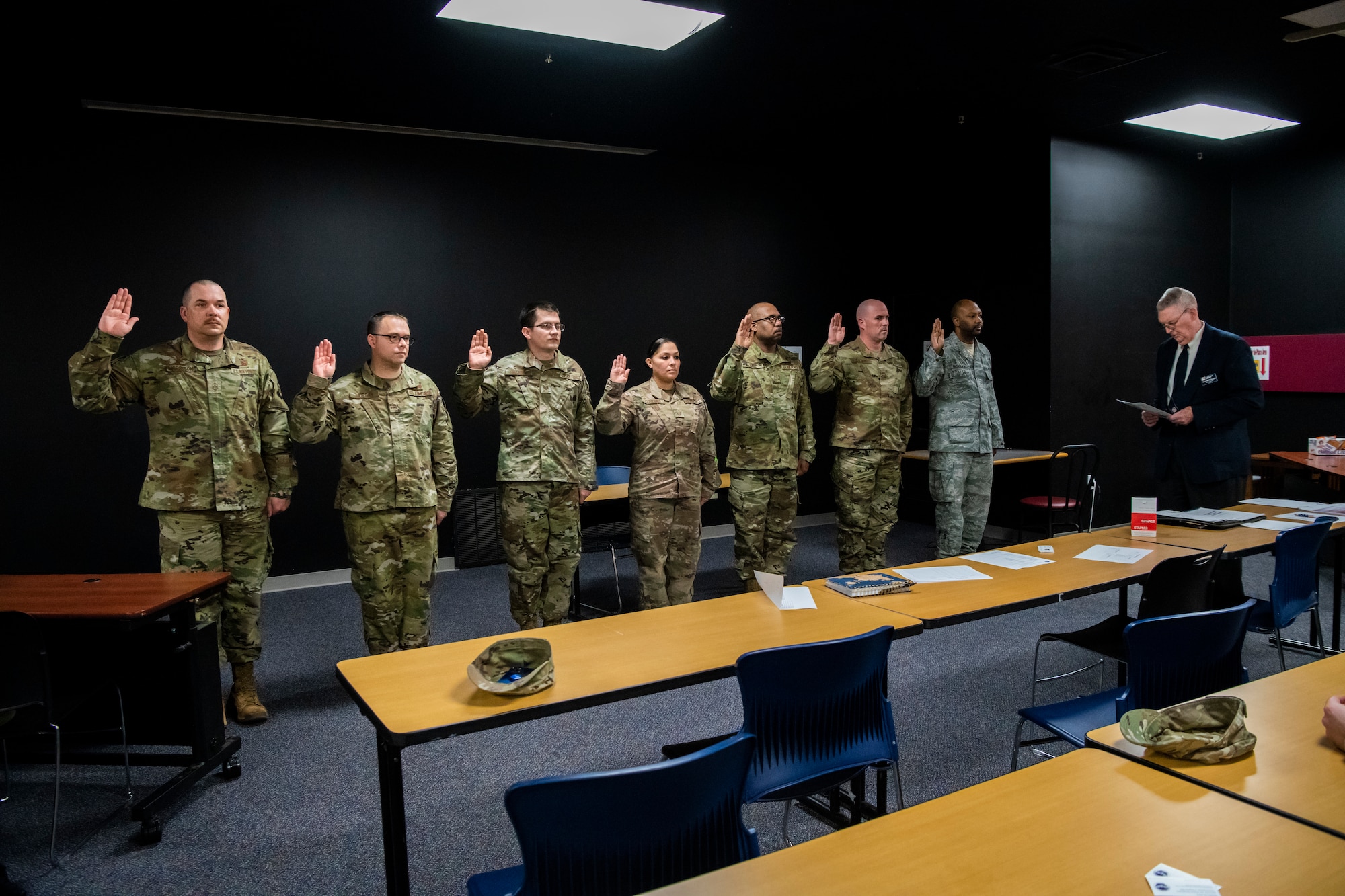 New Air Force Sergeants Association Chapter 201 executive council members are sworn in during a ceremony at the Eagle Lanes Bowling Center on Dover Air Force Base, Delaware, March 12, 2020. AFSA is a federally chartered veteran service organization founded in 1961 to represent the voice of all enlisted personnel to America’s elected and military leaders on Capitol Hill. (U.S. Air Force photo by Senior Airman Christopher Quail)