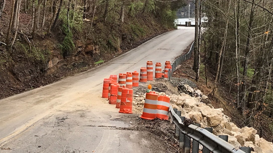 The U.S. Army Corps of Engineers Nashville District announces Dale Hollow Dam Road at the dam in Celina, Tenn., is closing today through April 9, 2020, to repair Walker Ridge Road.  The road is in need of stabilization due to a roadside slide related to excessive spring rains and soaked terrain. (USACE photo by Sondra Carmen)