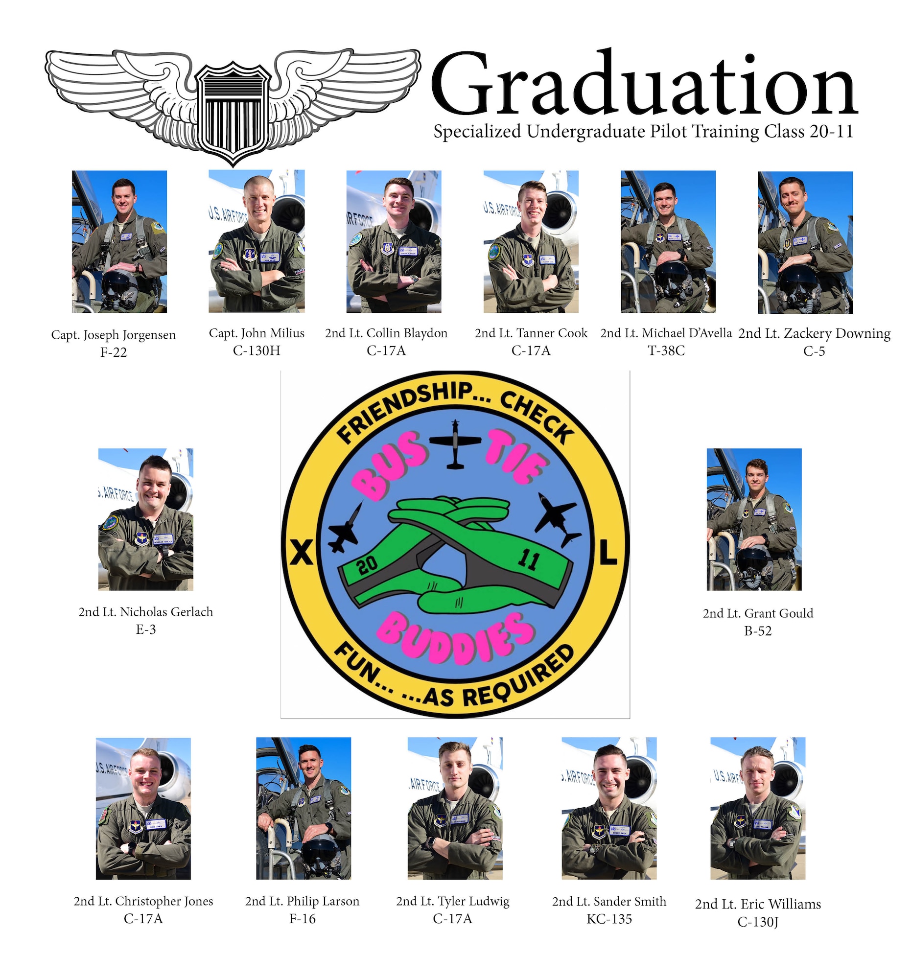 Specialized Undergraduate Pilot Training Class 20-10 and 20-11 are set to graduate after 52 weeks of training at Laughlin Air Force Base, Texas, March 27, 2020. Laughlin is the home of the 47th Flying Training Wing, whose mission is to build combat-ready Airmen, leaders and pilots. (U.S. Air Force graphic by Senior Airman Anne McCready)