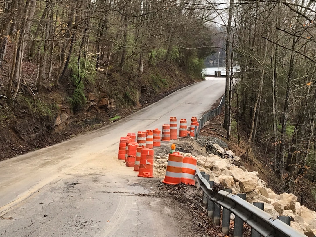 The U.S. Army Corps of Engineers Nashville District announces Dale Hollow Dam Road at the dam in Celina, Tenn., is closing today through April 9, 2020, to repair Walker Ridge Road.  The road is in need of stabilization due to a roadside slide related to excessive spring rains and soaked terrain. (USACE photo by Sondra Carmen)