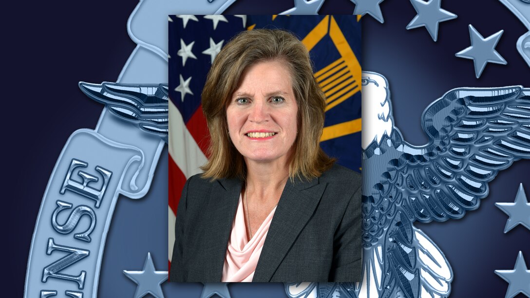 Photo of woman with SES and American flags in background against DLA logo.