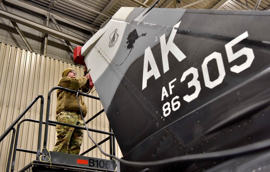 Airman 1st Class Dustin Klaich, a 354th Aircraft Maintenance Squadron avionics specialist, works on an F-16 Fighting Falcon on Eielson Air Force Base, Alaska, March 24, 2020. The 354th AMXS Airmen are highly-skilled technicians who are knowledgeable on every aspect of the jet making them an essential part of Eielson’s flying mission. (U.S. Air Force photo by Senior Airman Beaux Hebert)
