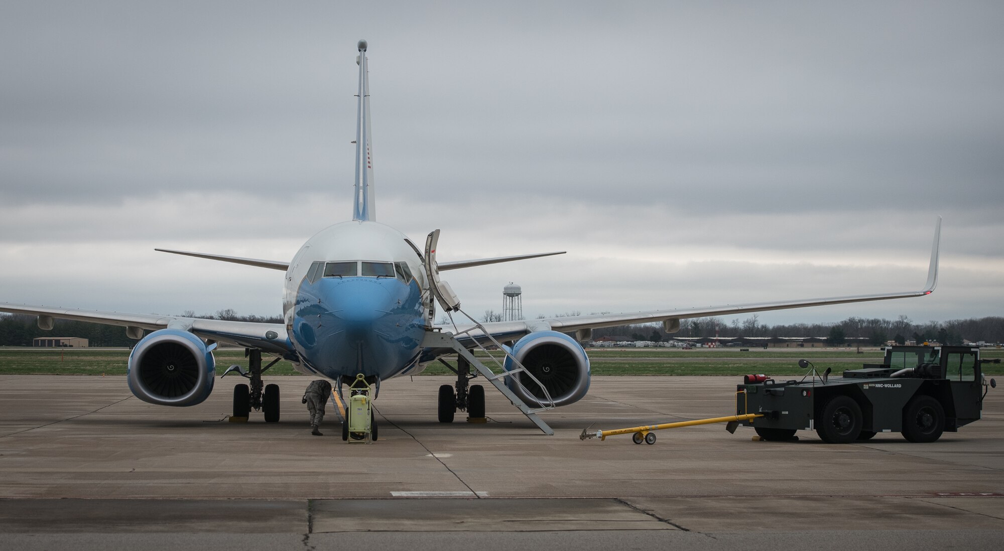 Tech. Sgt. Brandon Zangeneh, crew chief, 932nd Maintenance Squadron, performs a physical preflight inspection March, 20, 2020 Scott Air Force Base Illinois as the 932nd Airlift Wing and 73rd Airlift Squadron continue training operations during COVID-19.  Pilots are required to maintain readiness and the 932nd MXS is working hard with reduced manning in support of continued missions. The 932nd Airlift Wing is the only Air Force Reserve Command unit that flies the C-40C, which is used to provide world-class airlift for U.S. national and military leaders.(U.S. Air Force photo by Christopher Parr)