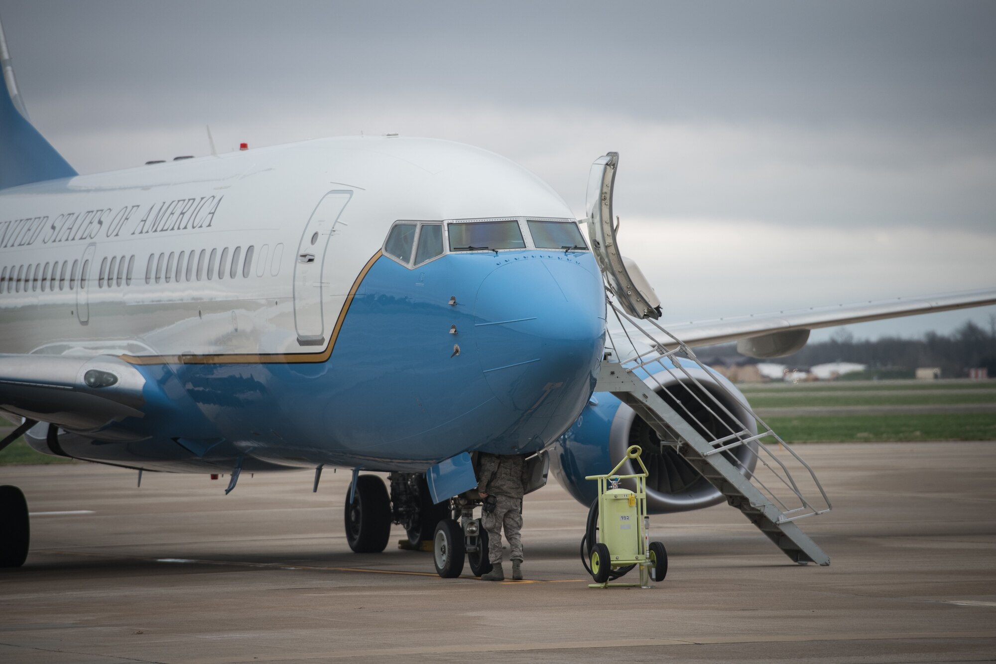 Tech. Sgt. Brandon Zangeneh, crew chief, 932nd Maintenance Squadron, performs a physical preflight inspection March, 20, 2020 Scott Air Force Base Illinois as the 932nd Airlift Wing and 73rd Airlift Squadron continue training operations during COVID-19.  Pilots are required to maintain readiness and the 932nd MXS is working hard with reduced manning in support of continued missions. The 932nd Airlift Wing is the only Air Force Reserve Command unit that flies the C-40C, which is used to provide world-class airlift for U.S. national and military leaders.(U.S. Air Force photo by Christopher Parr)