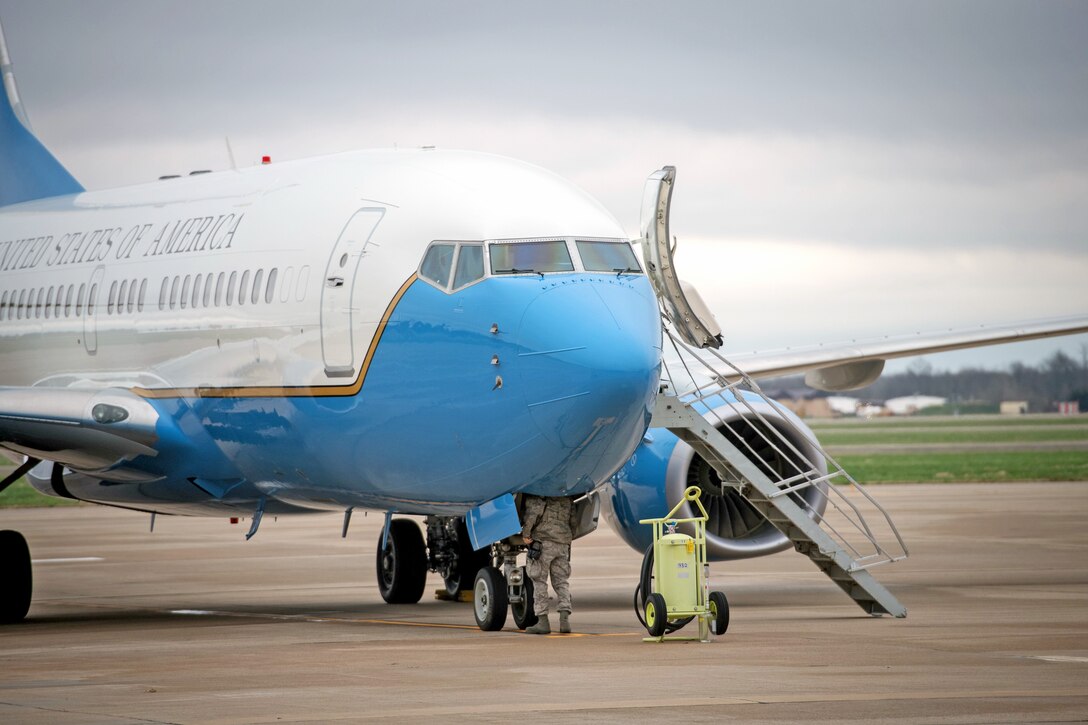 Tech. Sgt. Brandon Zangeneh, crew chief, 932nd Maintenance Squadron, performs a physical preflight inspection March, 20, 2020 Scott Air Force Base Illinois as the 932nd Airlift Wing and 73rd Airlift Squadron continue training operations during COVID-19.