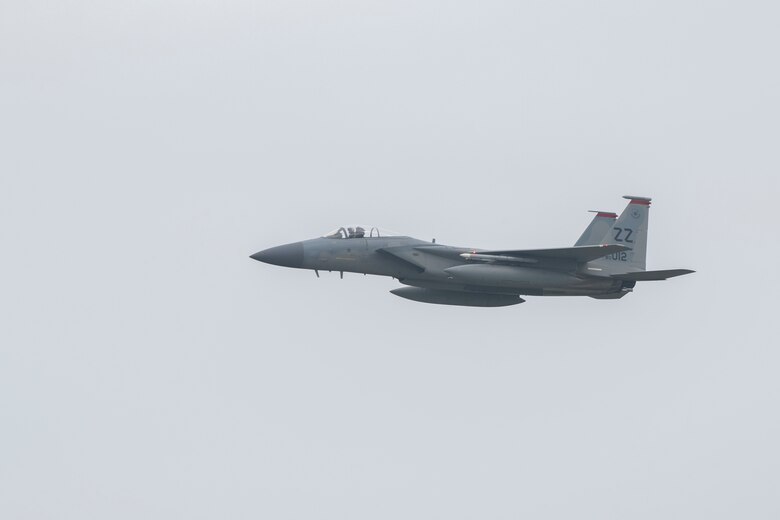 A U. S. Air Force F-15C Eagle assigned to the 67th Fighter Squadron flies after taking off from Kadena Air Base, Japan, March 27, 2020. The F-15C Eagle is a maneuverable, tactical fighter designed to permit the USAF to gain and maintain air supremacy over the battlefield to ensure stability across the Indo-Pacific. (U.S. Air Force photo by Senior Airman Rhett Isbell)