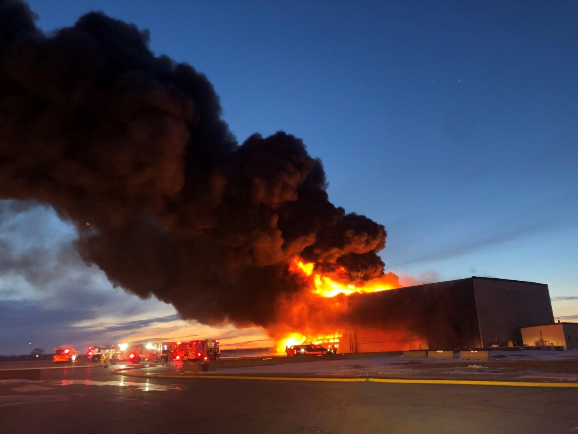 On Dec. 28, 2019, a fire gutted this Strategic Air Command-era hangar on Miniot Air Force Base, N.D. Office of Special Investigations Detachment 813 and 2nd Field Investigations Squadron teamed with the Bureau of Alcohol, Tobacco, Firearms and Explosives to conduct the subsequent investigation to determine the origin and cause of the blaze resulting in a $7M loss to the Air Force. (Photo by 91 SFS)