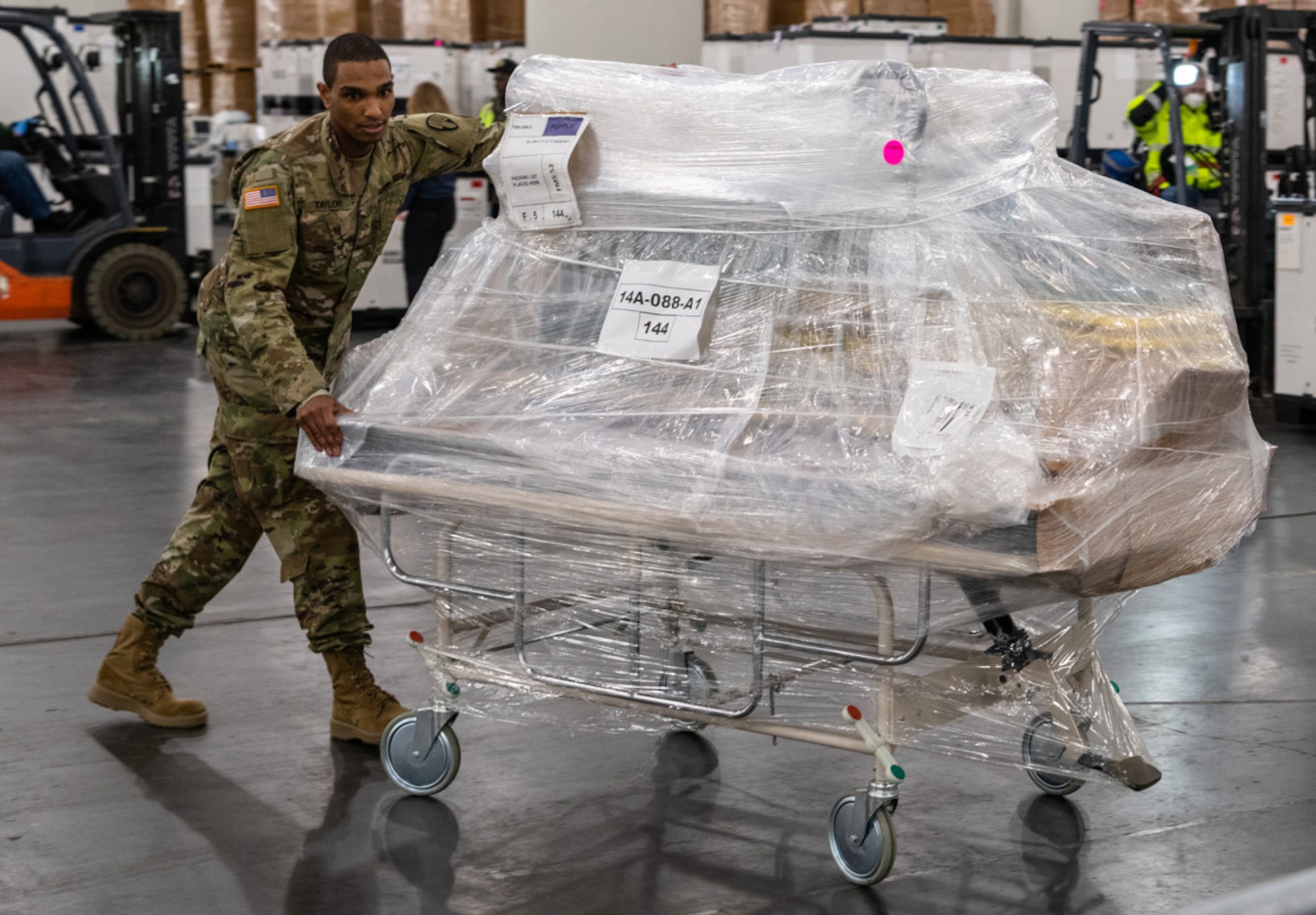 The New York National Guard, working with the Federal Emergency Management Agency and local, state and federal partners bring in hospital supplies to the Jacob Javits Center in New York March 23, 2020, to handle expected patient overflow. The facility will start with 250 beds with the capability to expand to 1,000 beds.