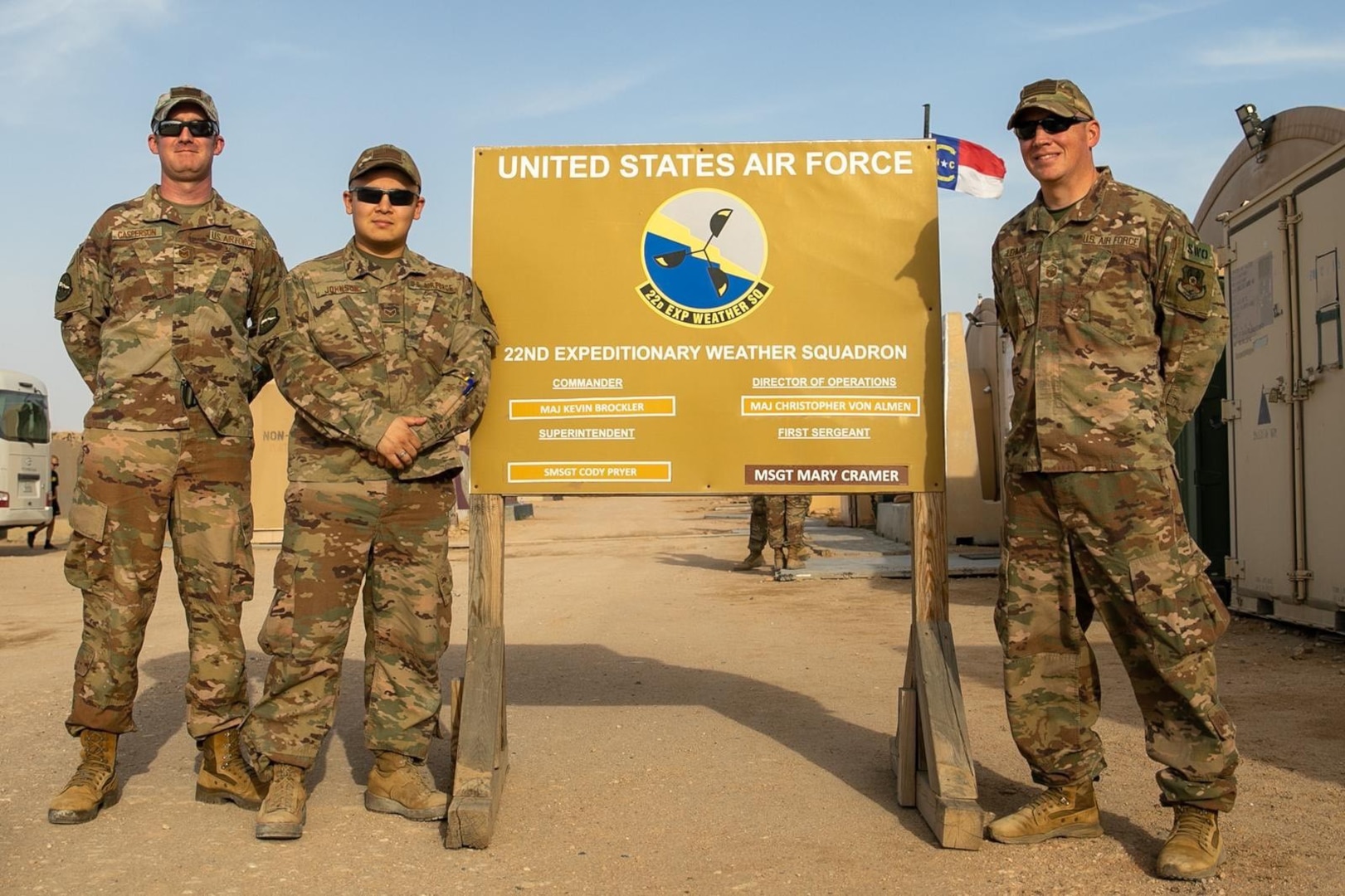 U.S. Airmen from the North Carolina Air National Guard’s 156th Weather Flight, 145th Air Wing, in front of the 22nd Expeditionary Weather Squadron sign while deployed in the U.S. Army Central Command area of responsibility, March 19, 2020. The Airmen predicted a severe sandstorm in late February supporting the 30th Armored Brigade Combat Team.