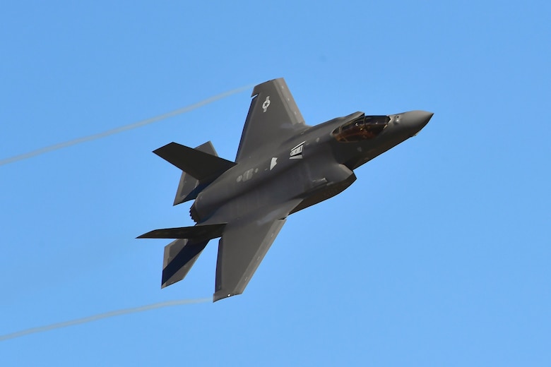 An F-35A Lightning II flies over Hill Air Force Base, Utah, March 12, 2020. Airmen continue to fly and train to maintain readiness during the current coronavirus crisis, with new procedures designed to maintain social distancing and disinfect equipment between uses. (U.S. Air Force photos by Todd Cromar)
