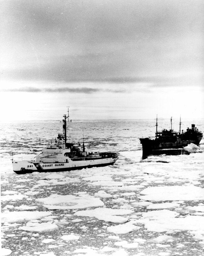 USCGC Westwind escorting a vessel through the ice- no date.