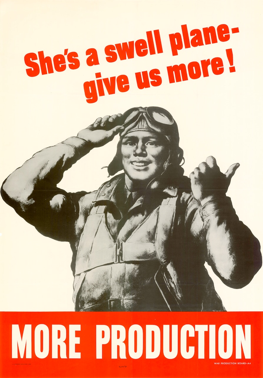 A World War II-era poster features a servicemember and urges Americans to aid the war effort.
