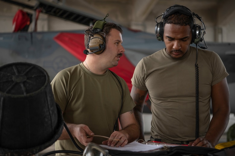 U.S. Air Force Staff Sgt. Zacharias Clemmons, 18th Aircraft Maintenance Squadron crew chief, left, and Tech. Sgt. Justin Barber, 18th AMXS crew chief, right, record the results of a hydraulics operations check on an F-15C Eagle March 27, 2020, at Kadena Air Base, Japan. By performing these hydraulics checks and running a series of tests, the maintainers are able to simulate the same conditions likely to occur in-flight. Airmen are working around the clock ensuring aircraft are ready for flight training operations in order to promote a free and open Indo-Pacific. (U.S. Air Force photo by Senior Airman Rhett Isbell)