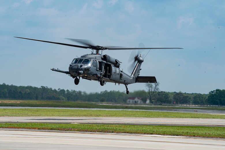 Photo of an HH-60G Pave Hawk hovering.