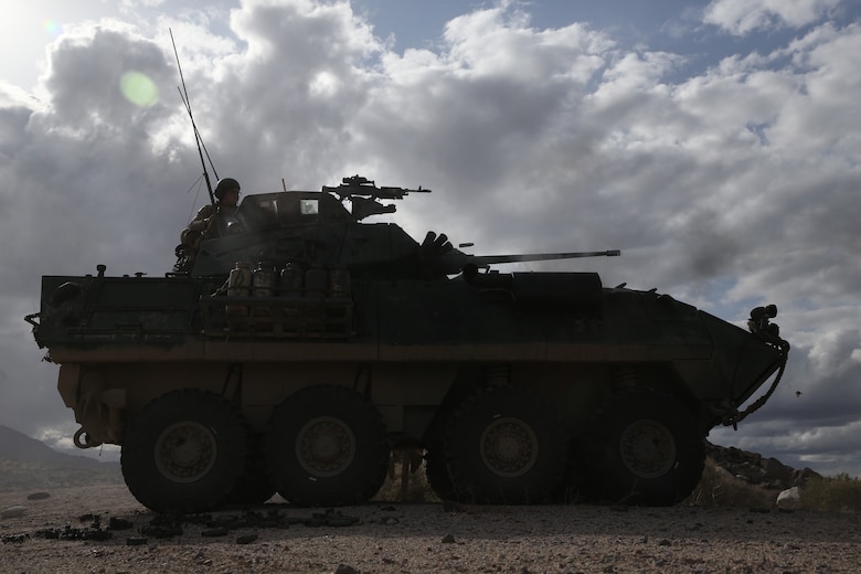 U.S. Marines with 2nd Light Armored Reconnaissance Battalion, 2nd Marine Division fire the M242 Bushmaster during a live-fire range on the National Training Center 20-05 in Ft. Irwin, Calif., March 20, 2020. The National Training Center is a unique opportunity that allows Marines and Sailors to train with and against a peer competitor in a conventional combat operational setting. (U.S. Marine Corps photo by Cpl. Elijah J. Abernathy)