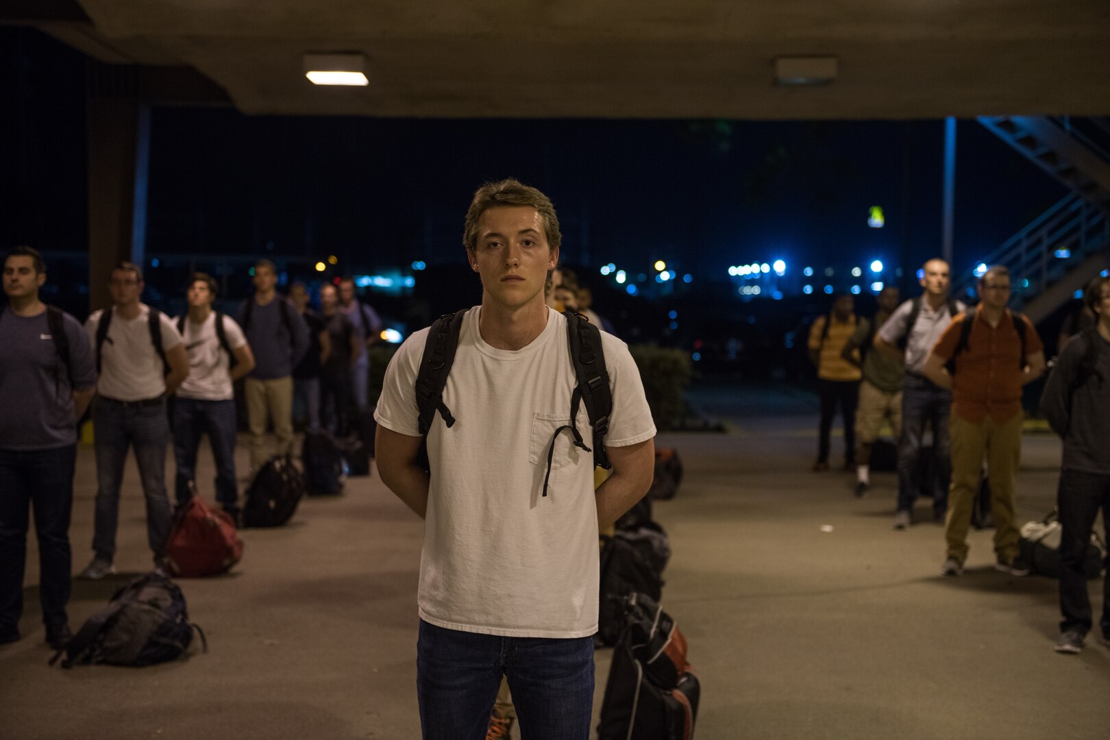 U.S. Air Force basic training trainees that will be placed in a 14-day restriction of movement period arrive at the 737th Training Support Squadron March 24, 2020, at Joint Base San Antonio-Lackland, Texas.