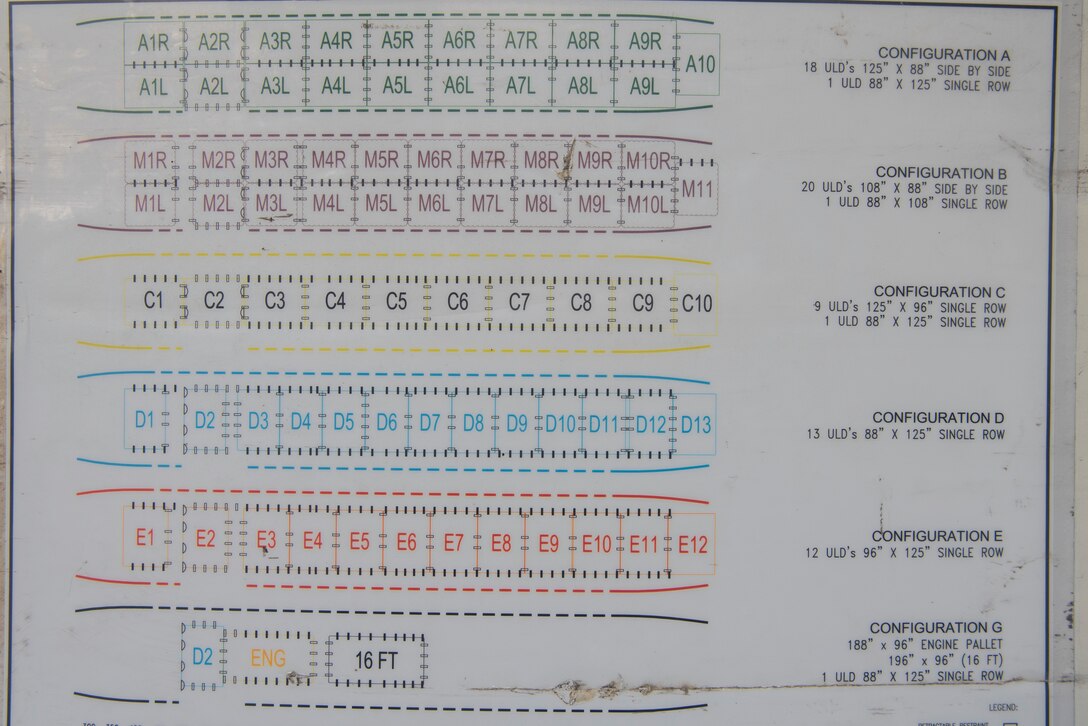 A configuration diagram specifies cargo arrangements within a just-unloaded commercial aircraft March 24, 2020, at RAF Mildenhall, England. Air transportation Airmen of the 727th Air Mobility Squadron must ensure cargo loaded onto aircraft is properly distributed by weight. (U.S. Air Force photo by Airman 1st Class Joseph Barron)