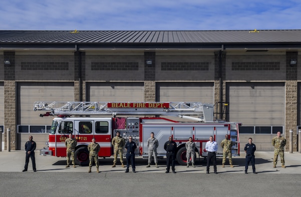 A fire engine is parked in the department loading bay at Beale Air Force Base