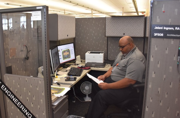 Jelani Ingram Huntsville Center Acting Branch Chief of Architecture, works to provide concept solutions and engineering sketches for alternate care facility assessments for Corps of Engineers districts to assist in the conversion of hotels, barracks and arenas into alternate care facilities capable of providing care during our nation’s efforts to combat the coronavirus pandemic.