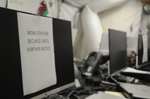 Every other work station within the International Maritime Security Construct (IMSC) Headquarters displays a sign to ensure service members practice social distancing within the workplace. The IMSC ensures freedom of navigation and free flow of commerce in international waters throughout the Arabian Gulf, Strait of Hormuz, the Bab el-Mandeb Strait, and the Gulf of Oman.