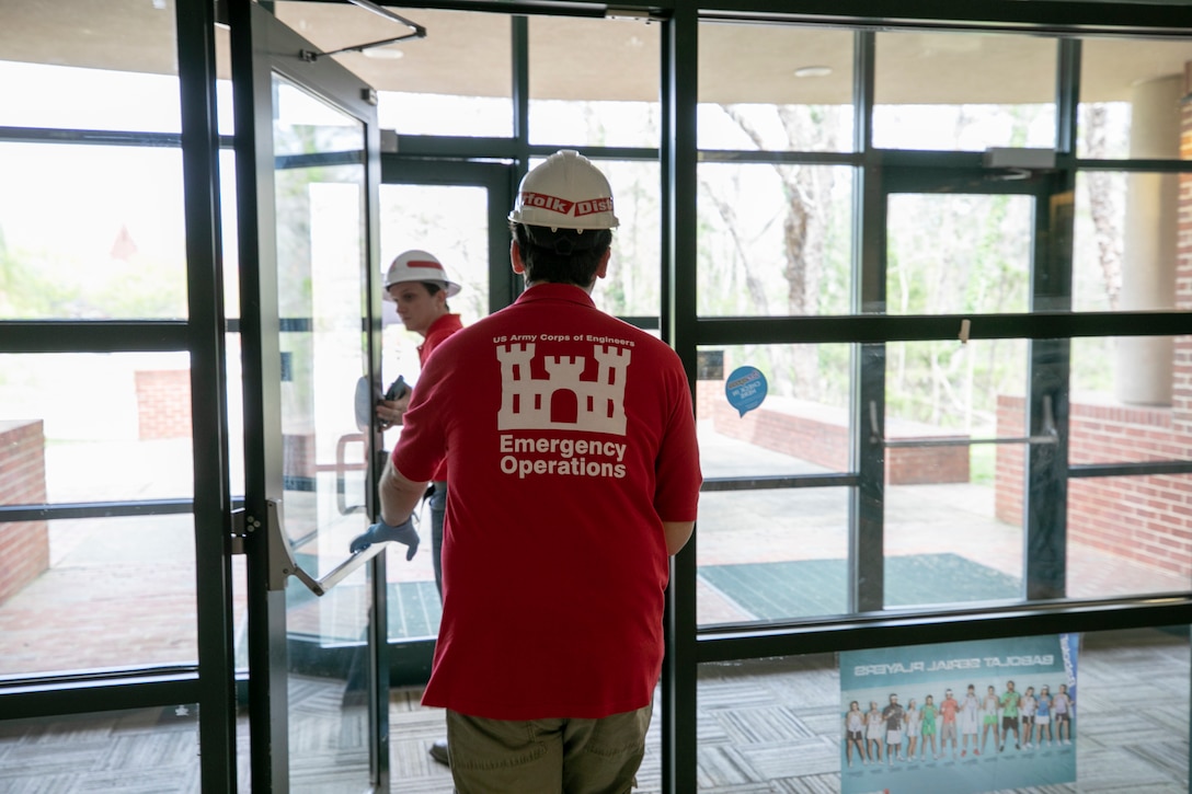 A team of Norfolk District engineers and architects, performs a site assessment at a building near the Williamsburg area for potential use as an alternate-care-site, should the need arise, for additional medical facilities in the commonwealth of Virginia. (U.S. Army photo by Patrick Bloodgood)