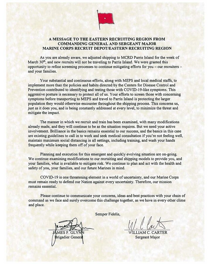 COVID-19 message update from Eastern Recruiting Region Commanding General and Sergeant Major.