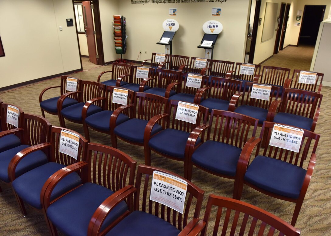 The lobby of the Military Personnel Facility is set up to still receive customers in the Norma Brown Building on Goodfellow Air Force Base, Texas, March 30, 2020. Due to COVID-19, many organizations on the base have been closed or have individuals teleworking to slow the spread of the virus. (U.S. Air Force photo by Senior Airman Seraiah Wolf)