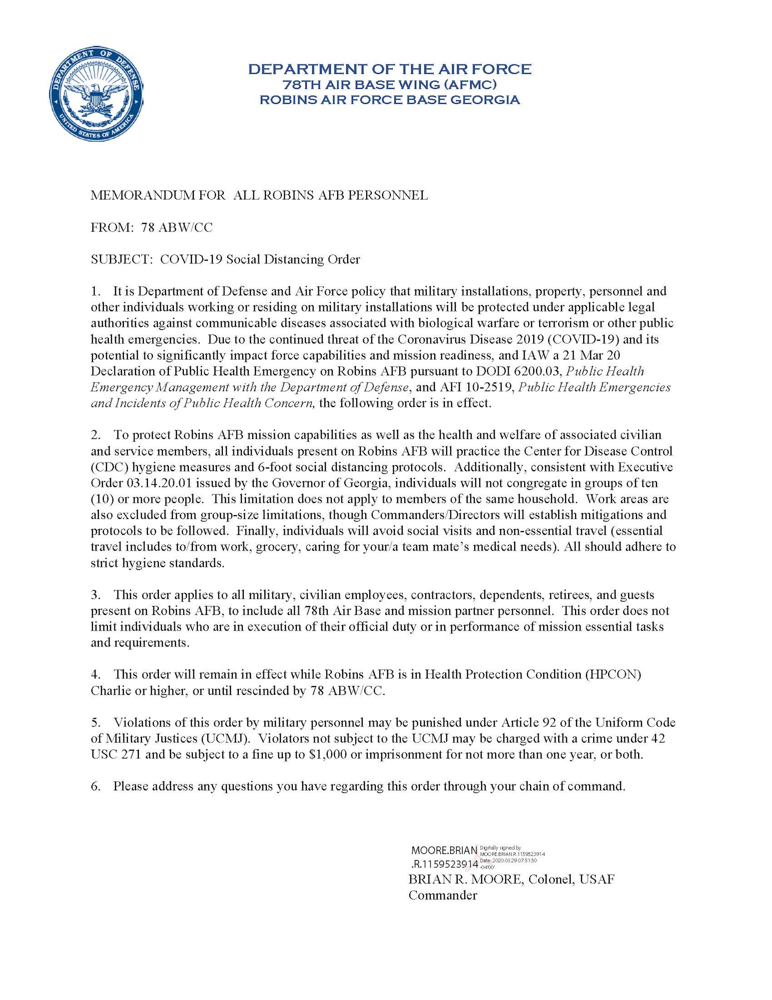 Graphic shows memo for COVID-19 Social Distancing Order