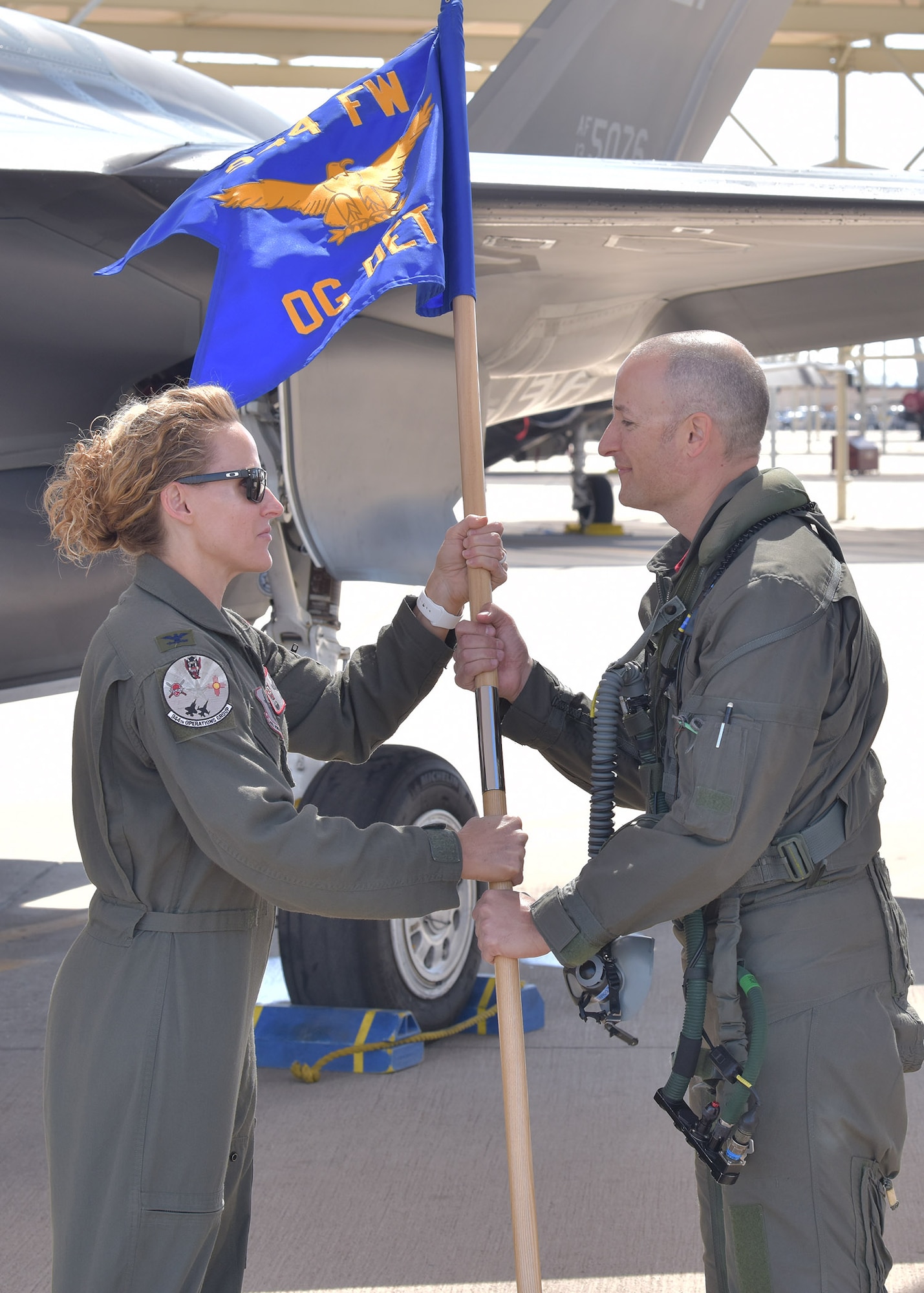 Due to COVID-19 social distancing requirements the 944th Operations Group Detachment 2 employed a creative approach to their recent leadership change by accomplishing an in-air change of command ceremony March 27 at Luke Air Force Base, Arizona.