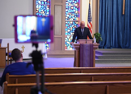 Capt. Patrick Bracken, 9th Reconnaissance Wing Protestant Chaplain, live streams church services, Mar. 29, 2020 at Beale Air Force Base, California. Virtual worship services are being provided to Airmen and their families to comply with social distancing guidelines. (U.S. Air Force photo by Airman 1st Class Luis A. Ruiz-Vazquez)