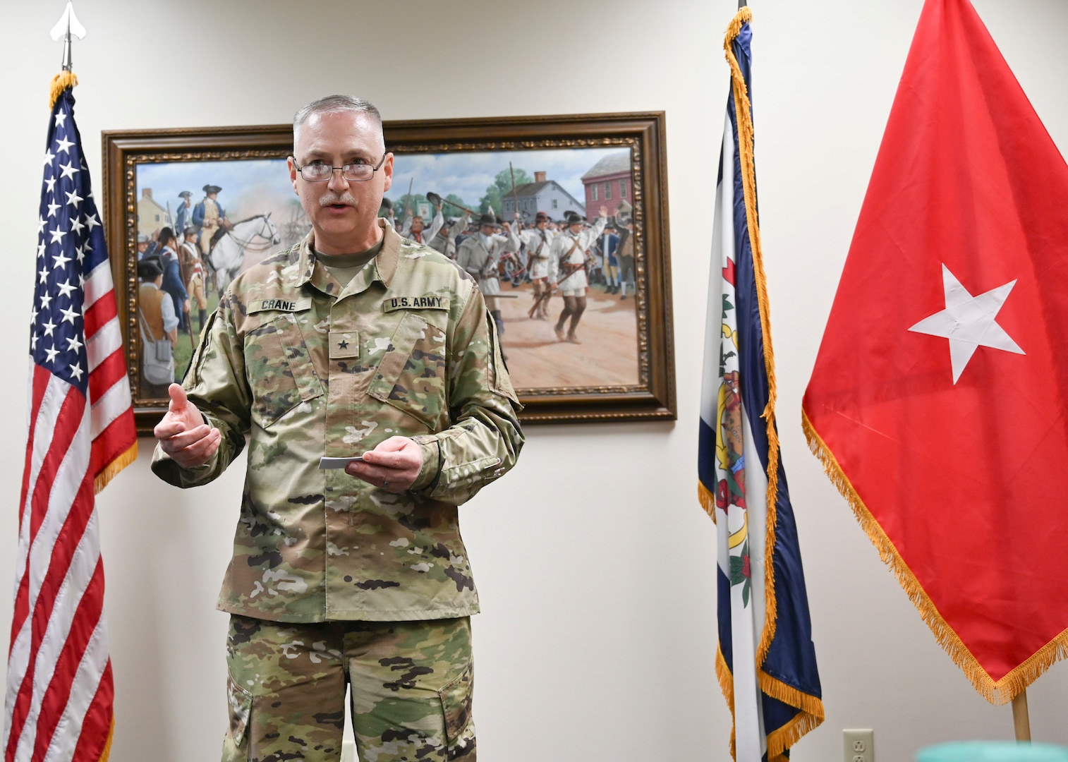 William E. Crane, director of the joint staff, is promoted to the rank of brigadier general March 30, 2020, at the West Virginia National Guard Joint Forces Headquarters in Charleston, W.Va. Crane has served in the Army National Guard for more than 36 years and currently oversees all operations of the joint staff for the West Virginia National Guard.