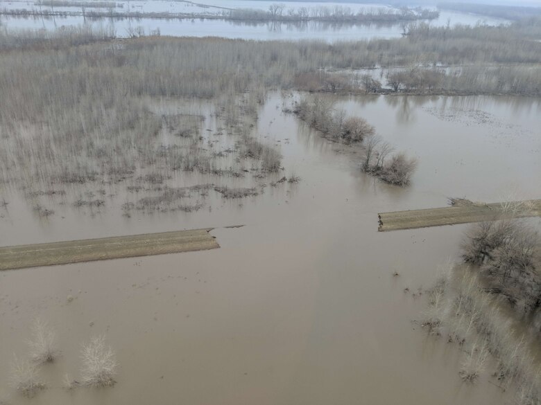 A portion of the Union Township Station Levee in Holt County, Mo. showing a breach and large amounts of water behind the levee on the Missouri River, March 28, 2019. Contributed photo.