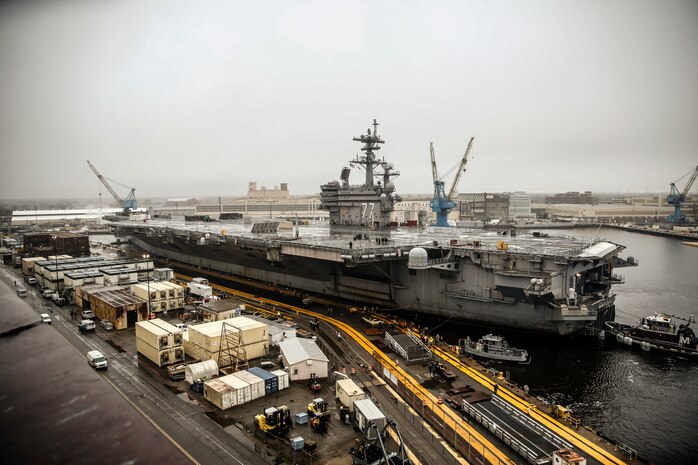 USS George H.W. Bush (CVN 77) is currently at Norfolk Naval Shipyard undergoing a Drydocking Planned Incremental Availability.