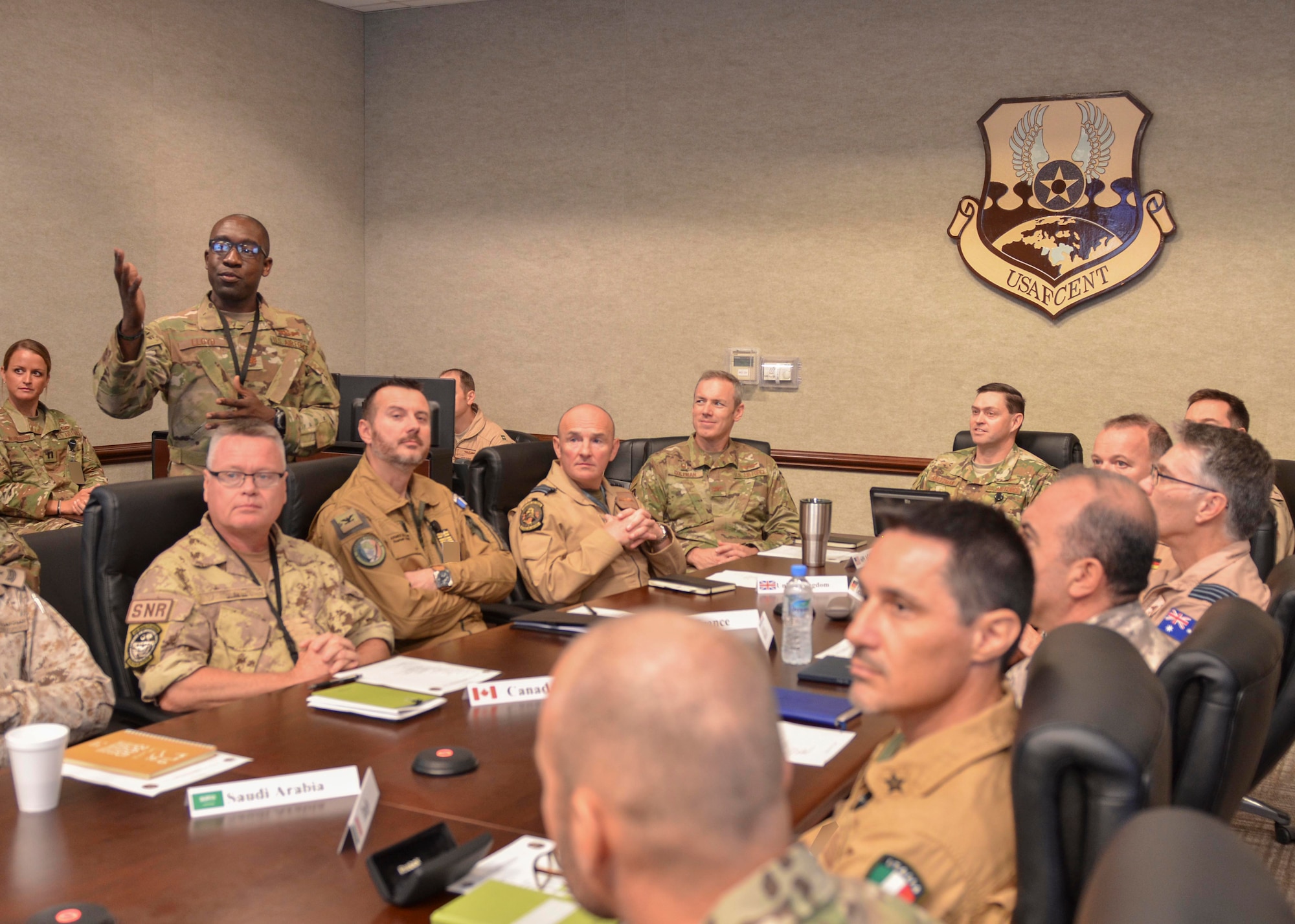 U.S. Air Force Maj. Gen. B. Chance Saltzman, WHERE IS HE AT, U.S. Air Forces Central Command deputy Combined Force Air Component Commander, listens to a briefing in the Combined Air Operations Center during a senior national representatives meeting at Al Udeid Air Base, Qatar, Sept. 5, 2019.