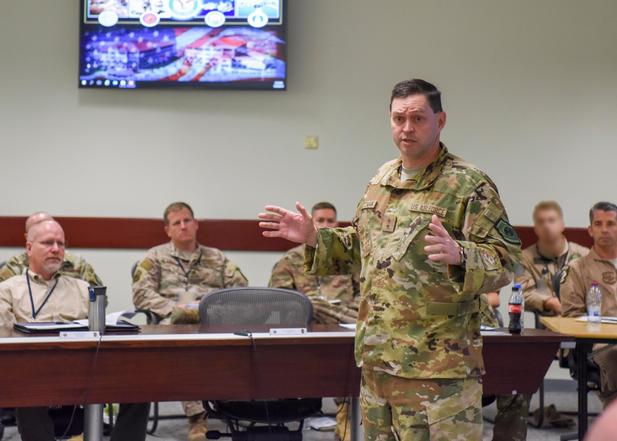 U.S. Air Force Maj. Gen. B. Chance Saltzman, U.S. Air Forces Central Command deputy Combined Force Air Component Commander, gives a speech during the fall AFCENT Chiefs of Safety conference at Al Udeid Air Base, Qatar, Sept. 10, 2019.