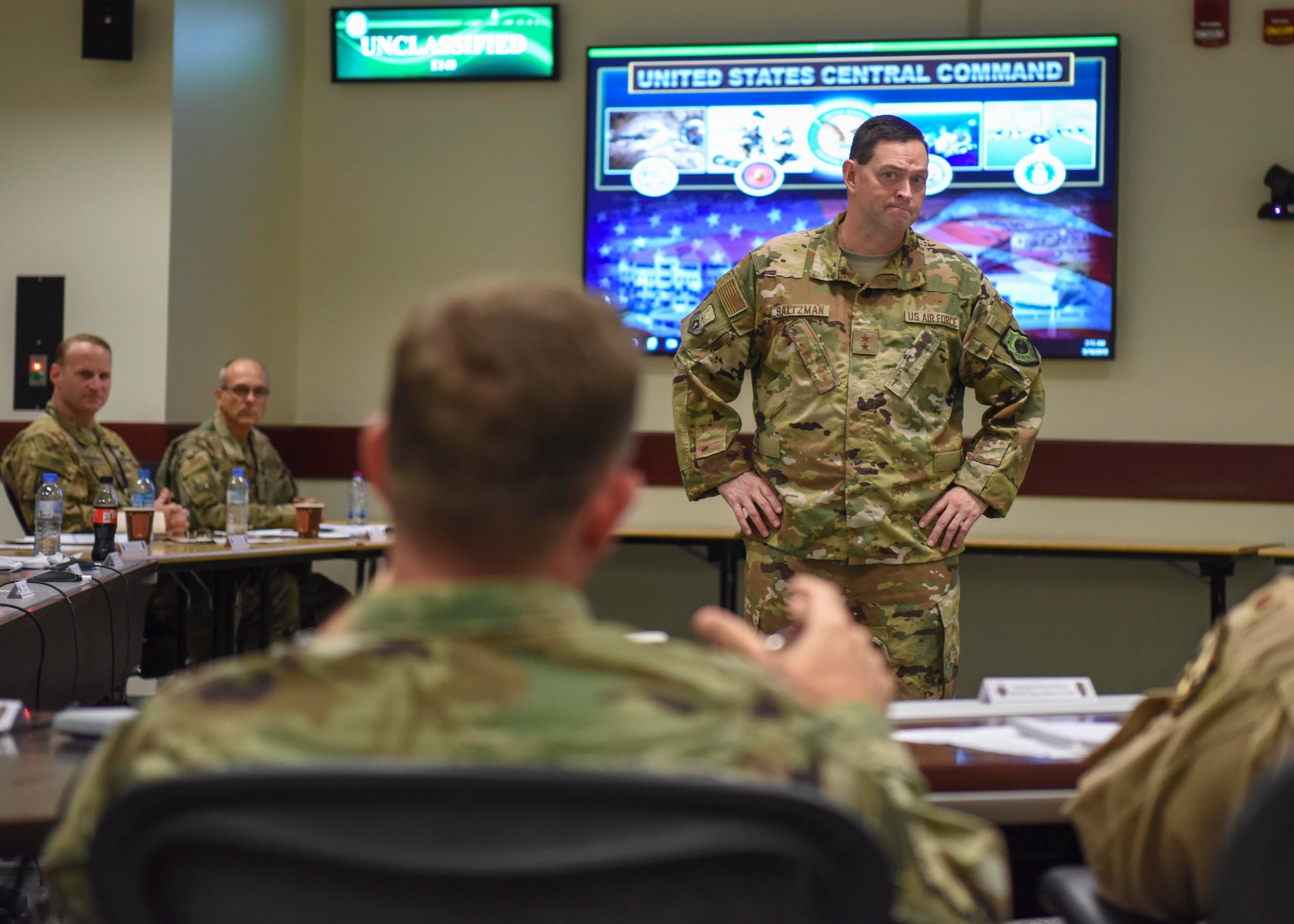 U.S. Air Force Maj. Gen. B. Chance Saltzman, U.S. Air Forces Central Command deputy Combined Force Air Component Commander, gives a speech during the fall AFCENT Chiefs of Safety conference at Al Udeid Air Base, Qatar, Sept. 10, 2019.