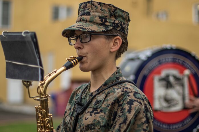 Marine Corps Cpl. Kelsey Worth plays the saxophone during a rehearsal at Marine Corps Recruit Depot San Diego, Calif., March 12.