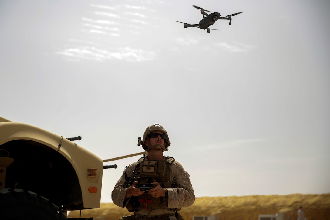 Explosive ordnance disposal technician flies DJI Mavic Pro Drone while forward deployed in Middle East, May 2017 (U.S. Marine Corps/Shellie Hall)