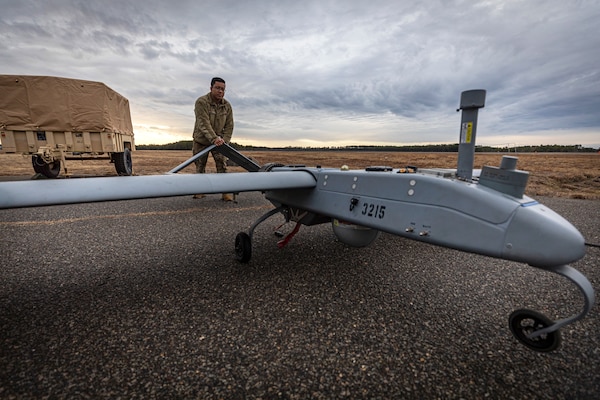 Soldier pushes RQ-7B Shadow unmanned aerial system on Joint Base McGuire-Dix-Lakehurst, New Jersey, February 2020 (U.S. Air National Guard/Matt Hecht)