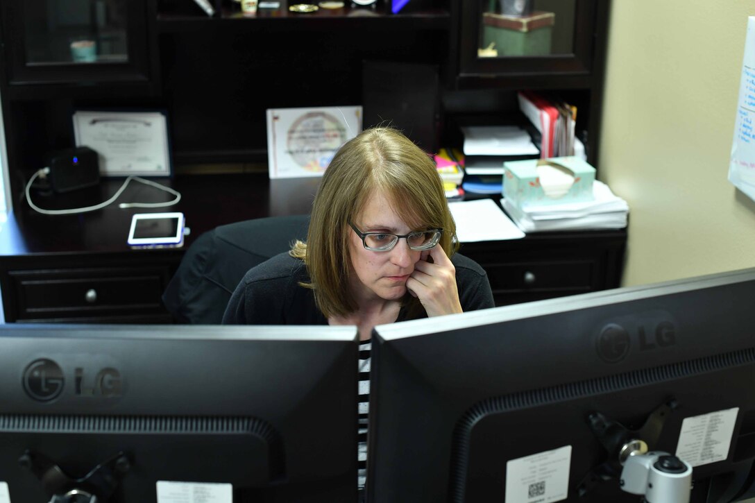 Ms. Anna Hendrickson, the unit deployment manager for the Fighter Wing Staff Agencies, is highlighted as the outstanding Airman for the 301st Fighter Wing for the month of March at U.S. Naval Air Station Joint Reserve Base Fort Worth, Texas. Hendrickson is also a Traditional Reservist with the wing's Medical Squadron as a health services management craftsman. (U.S. Air Force photo by Master. Sgt. Jeremy Roman)