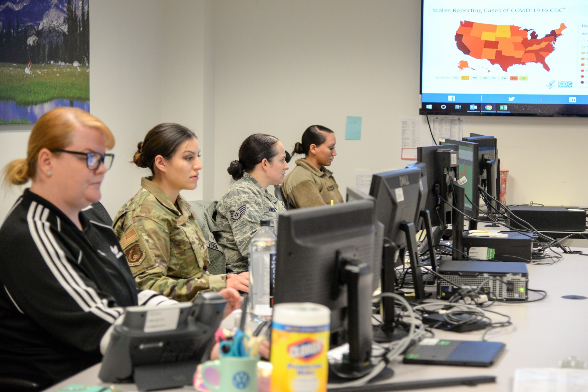 Members of 75th Medical Group Public Health man Hill Air Force Base, Utah clinic's control center March 31, 2020. At the epicenter for coronavirus information gathering and dissemination is the 75th Medical Group, and Public Health is on the frontlines.