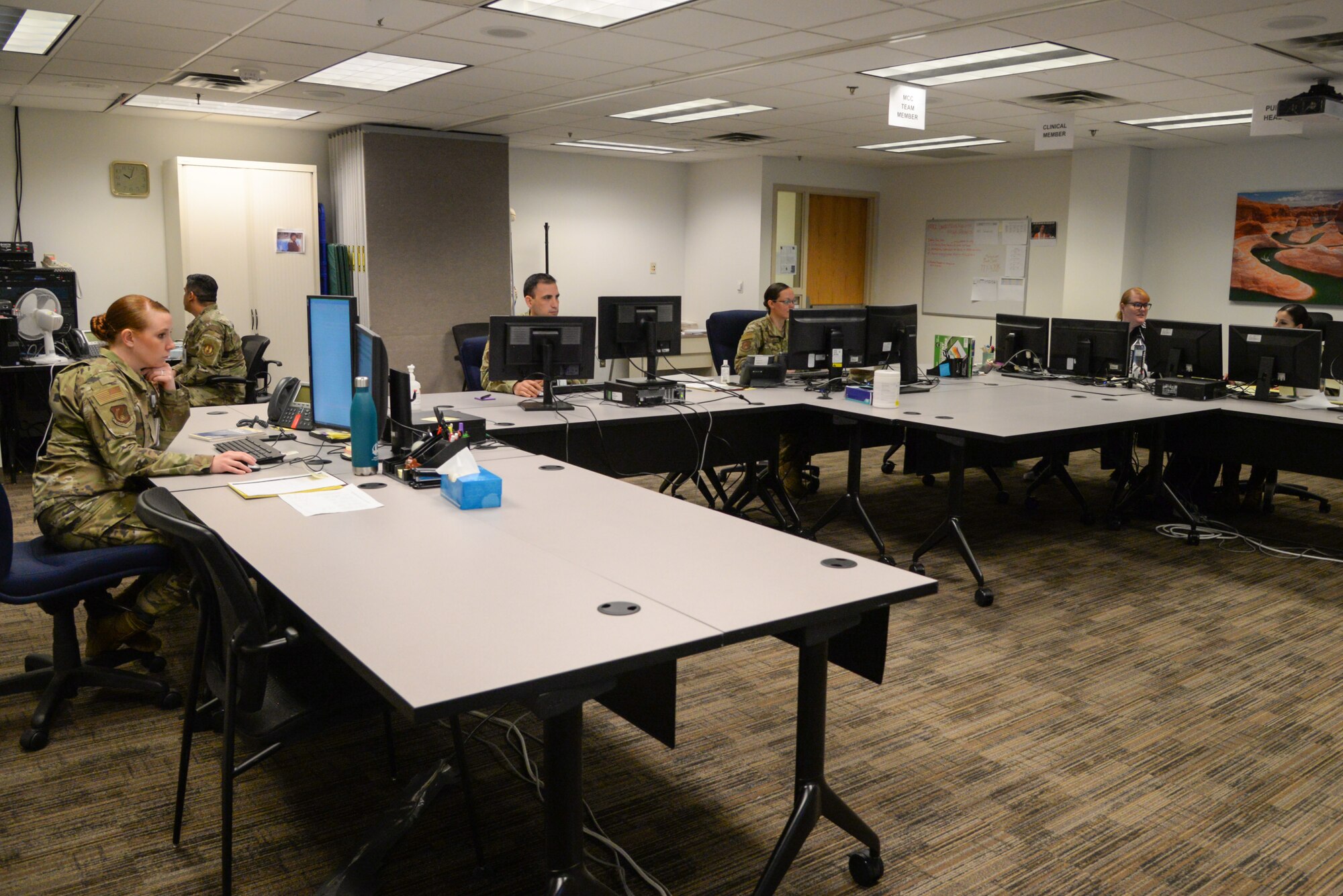 Members of 75th Medical Group Public Health man Hill Air Force Base, Utah clinic's control center March 31, 2020. At the epicenter for coronavirus information gathering and dissemination is the 75th Medical Group, and Public Health is on the frontlines.