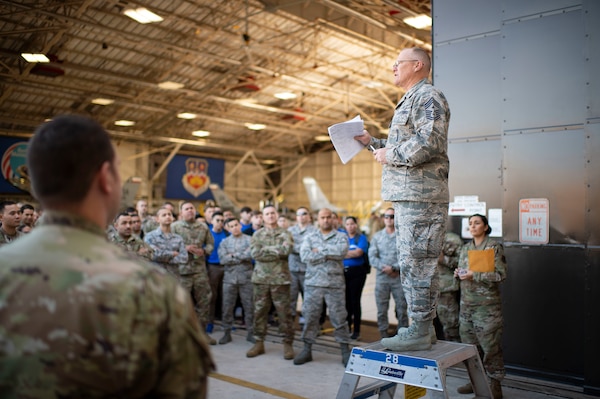 Chief Master Sergeant Darin LaCour, 149th Fighter Wing command chief, speaks to enlisted Airmen of importance of professional military education, at
Joint Base San Antonio–Lackland, Texas, November 2, 2019 (Air National Guard/Derek Davis)