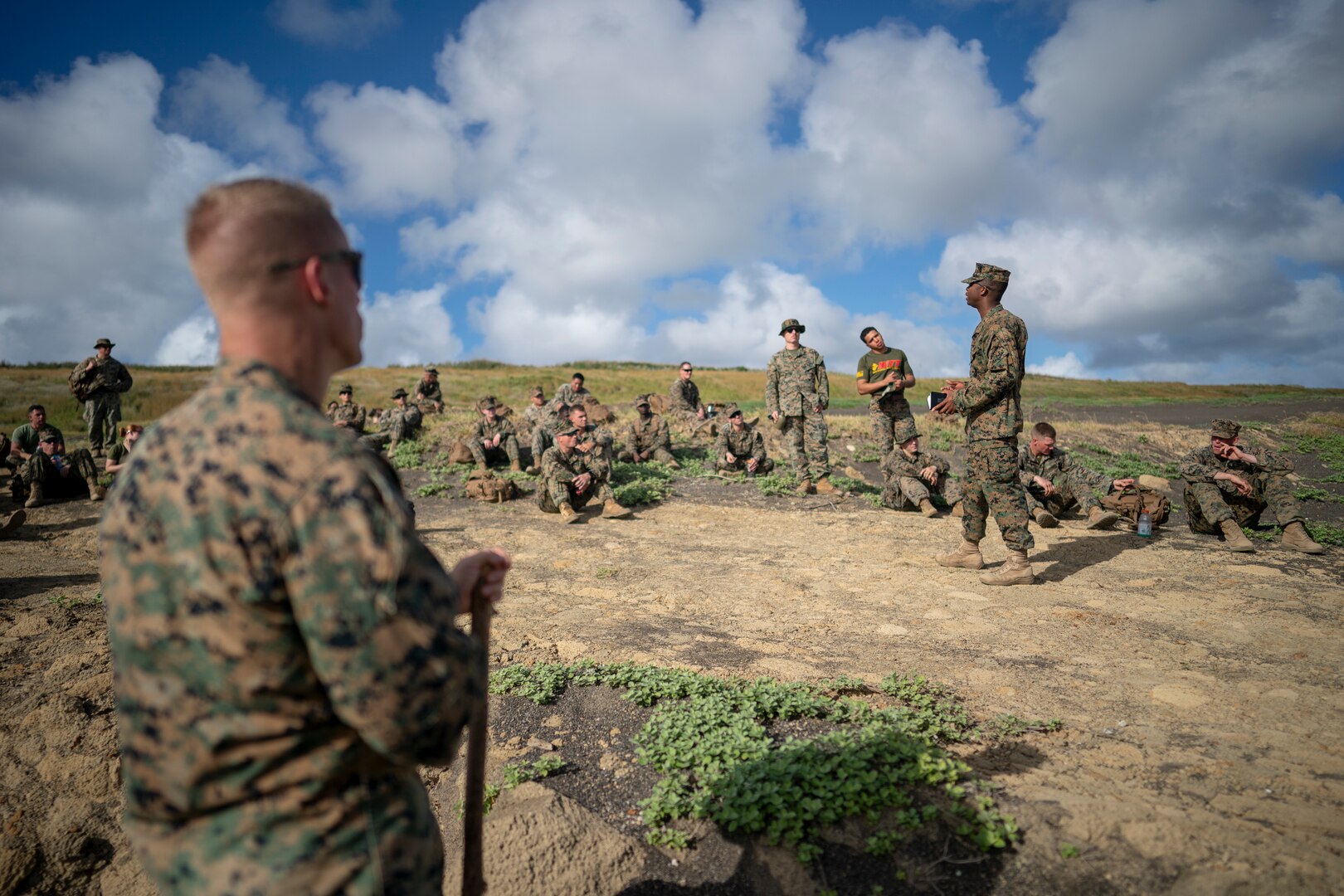 Marine with Headquarters Battalion, 3rd Marine Division, talks about World War II beach landing on Iwo Jima during professional military education brief,
Iwo Jima, Japan, November 26, 2019 (U.S Marine Corps/Esgar Rojas)