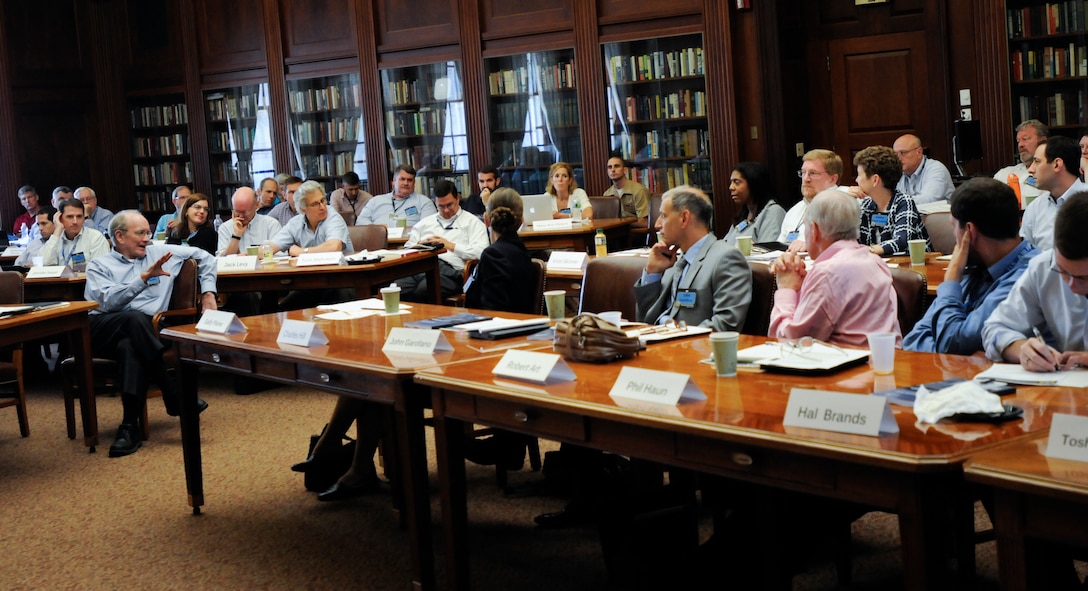 John Lewis Gaddis, front left, Robert A. Lovett Professor of Military and Naval History at Yale University, speaks to U.S. Naval War College faculty during
Teaching Grand Strategy workshop, in Newport, Rhode Island, August 16, 2012 (U.S. Navy/Eric Dietrich)