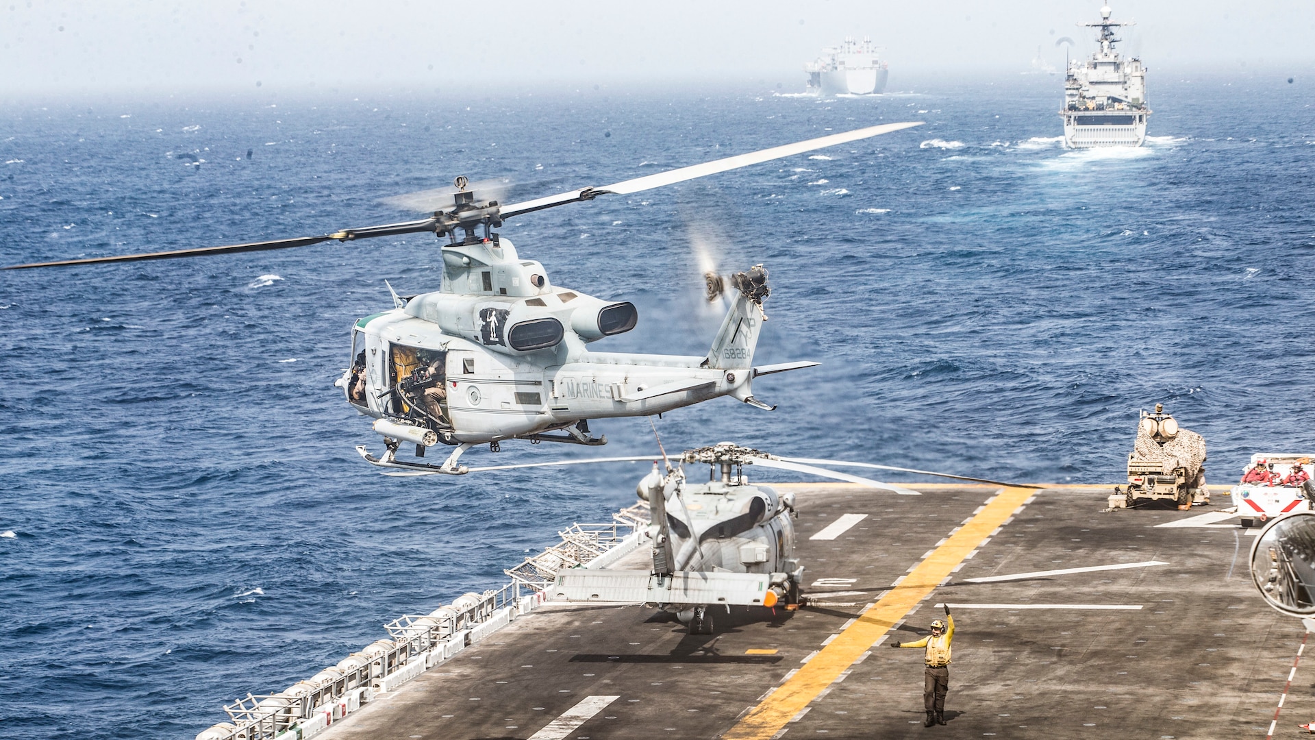 UH-1Y Venom helicopter takes off from flight deck of USS Boxer, Strait of Hormuz, July 18, 2019 (U.S. Marine Corps/Dalton Swanbeck)