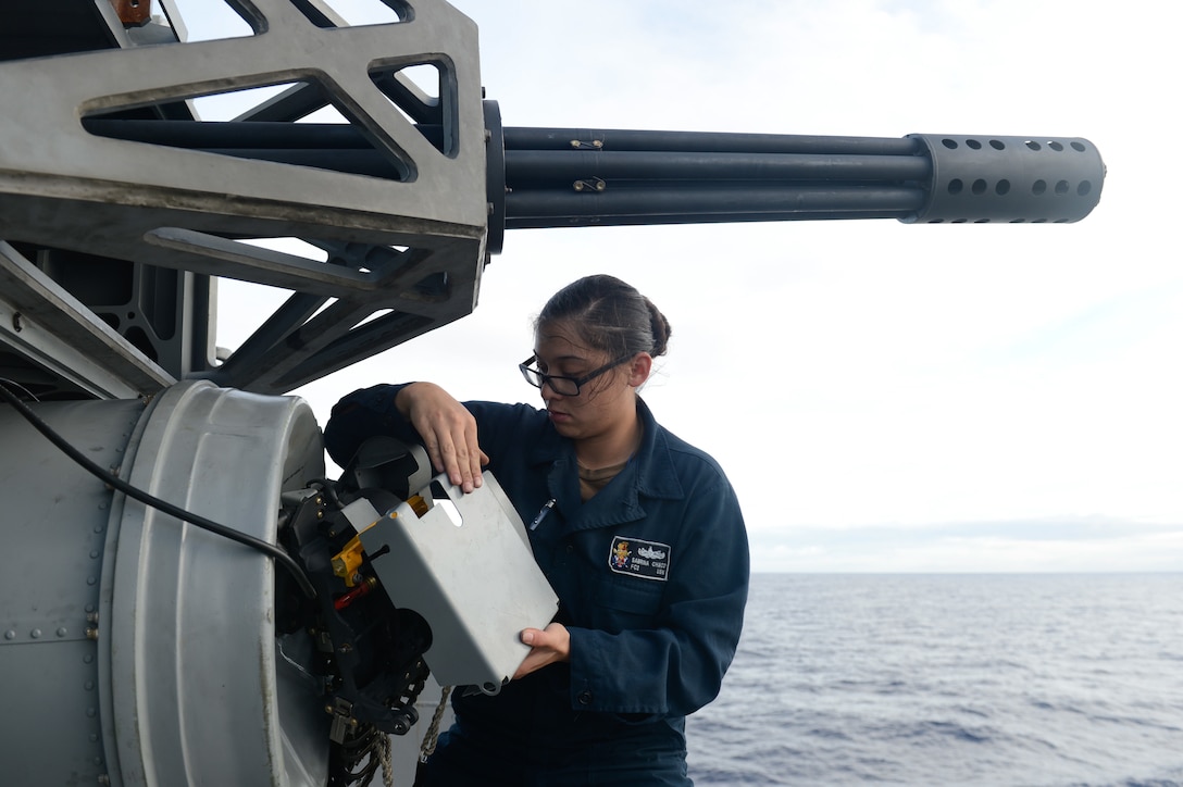 Fire controlman installs radiation cover onto Phalanx close-in weapon system
aboard USS Russell, January 29, 2020, Pacific Ocean (U.S. Navy/Sean Lynch)