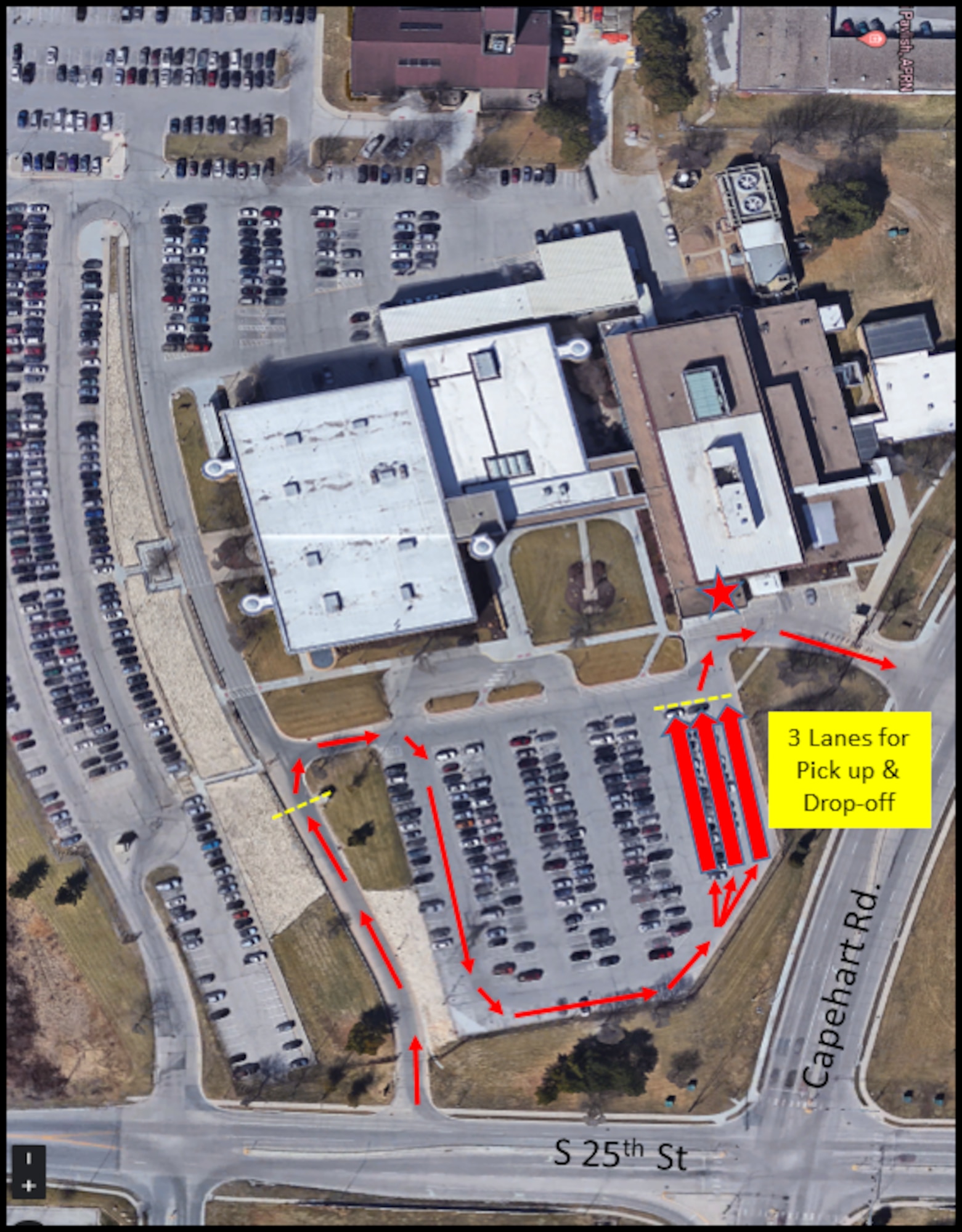 A graphic showing how the cars will flow to receive prescriptions at the Offutt Air Force Base Clinic.